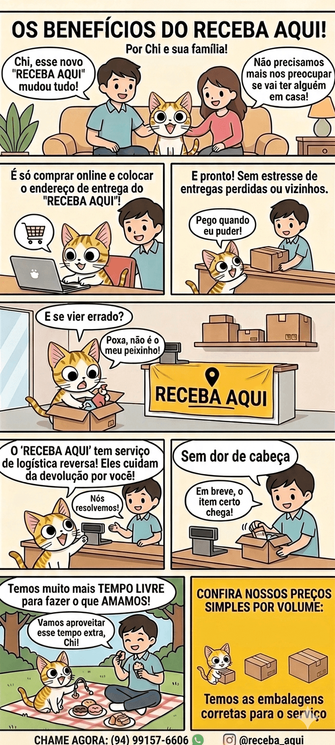 Quadrinho explicativo mostrando todos os benefícios do Receba Aqui